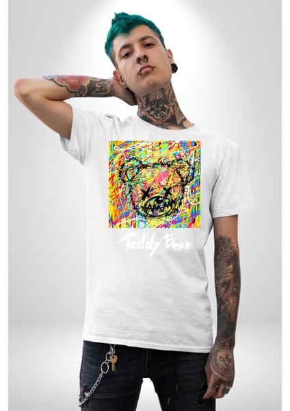 Sanatsal Teddy Ayı Kadın Erkek Ön Baskılı Beyaz Pamuklu Tişört Penye Klasik indirimleri