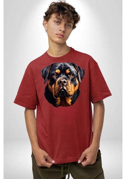 Rottweiler Alman Irkı Köpek Kadın Erkek Ön Baskılı Kırmızı Pamuklu Tişört Penye Klasik fiyatları