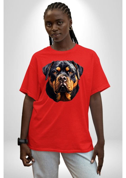Rottweiler Alman Irkı Köpek Kadın Erkek Ön Baskılı Kırmızı Pamuklu Tişört Penye Klasik modelleri