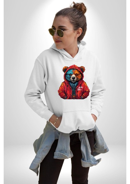 Kapşonlu Tatlı Sokak Tarzı Ayı Kadın Erkek Baskılı Üç Iplik Beyaz Kapüşonlu Hodie Sweatshirt