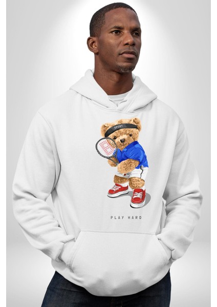 Tenisçi Tatlı Oyuncak Ayı Kadın Erkek Baskılı Üç Iplik Beyaz Kapüşonlu Hodie Sweatshirt