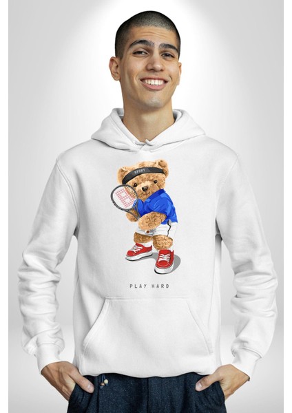 Tenisçi Tatlı Oyuncak Ayı Kadın Erkek Baskılı Üç Iplik Beyaz Kapüşonlu Hodie Sweatshirt fırsatları