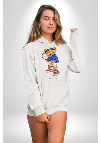 Tenisçi Tatlı Oyuncak Ayı Kadın Erkek Baskılı Üç Iplik Beyaz Kapüşonlu Hodie Sweatshirt indirimleri