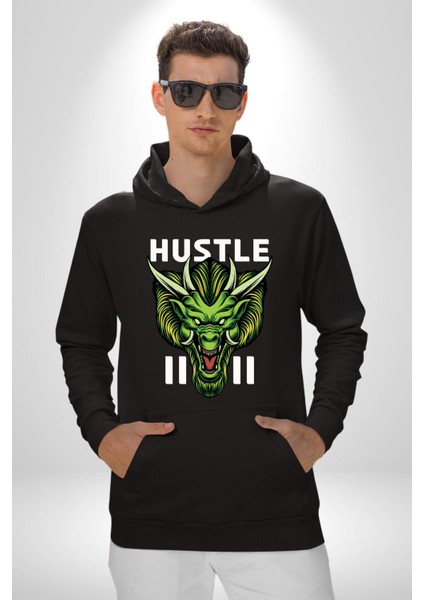 Çin Motifli Havalı Ejderha Kadın Erkek Baskılı Üç Iplik Siyah Kapüşonlu Hodie Sweatshirt