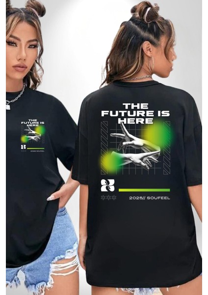 Gelecek Burada Modern Eller Kadın Erkek Ön Minimal Sırt Baskılı Siyah Pamuklu Tişört