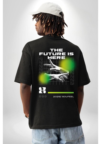 Gelecek Burada Modern Eller Kadın Erkek Ön Minimal Sırt Baskılı Siyah Pamuklu Tişört fiyatları