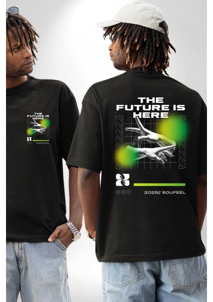 Gelecek Burada Modern Eller Kadın Erkek Ön Minimal Sırt Baskılı Siyah Pamuklu Tişört fırsatları