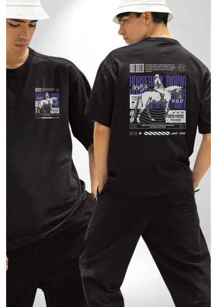 At Binme Sokak Tarzı Tasarım Kadın Erkek Ön Minimal Sırt Baskılı Siyah Pamuklu Tişört