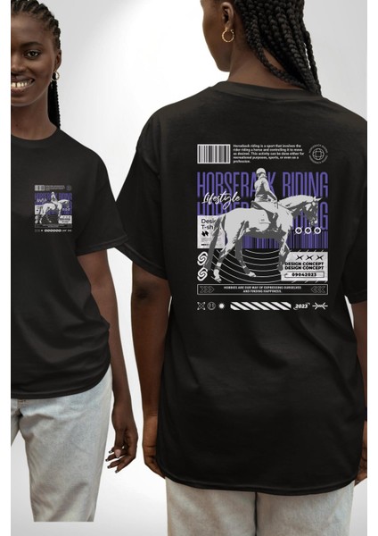 At Binme Sokak Tarzı Tasarım Kadın Erkek Ön Minimal Sırt Baskılı Siyah Pamuklu Tişört fırsatları