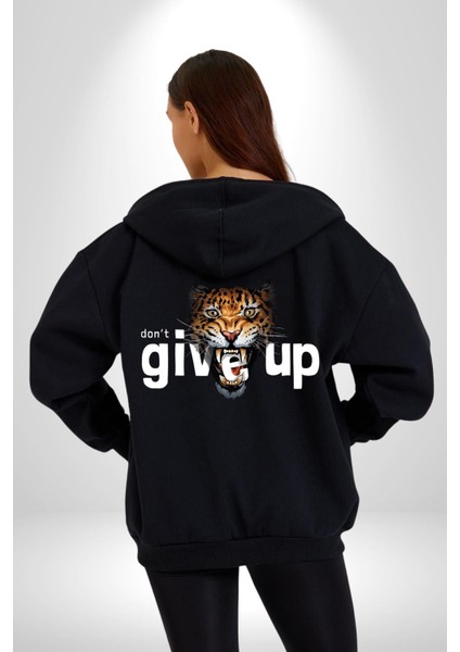 Kaplan Asla Pes Etme Kadın Erkek Baskılı Fermuarlı Kapüşonlu Hırka Sweatshirt