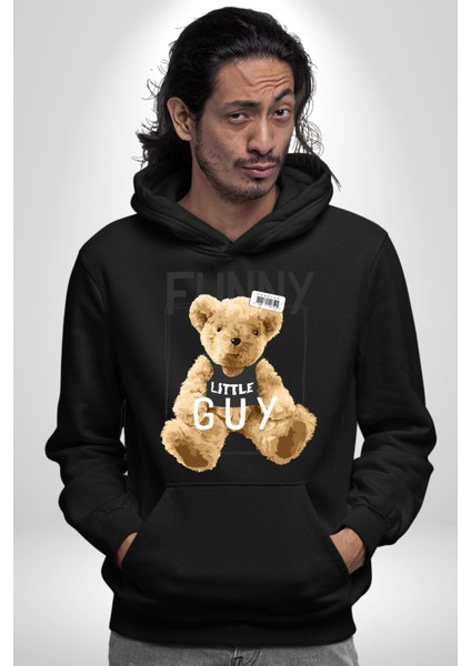 Atletli Sporcu Tatlı Oyuncak Ayı Kadın Erkek Baskılı Üç Iplik Siyah Kapüşonlu Hodie Sweatshirt