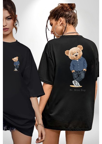 Bay Iyi Oyuncak Ayı Kadın Erkek Ön Minimal Sırt Baskılı Siyah Pamuklu Tişört