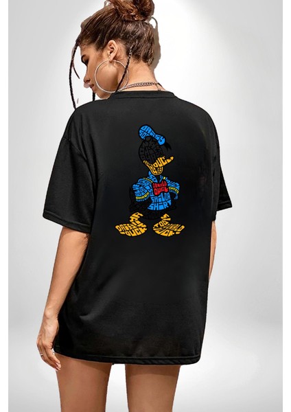 Donald Duck Efsane Kaligram Kadın Erkek Ön Minimal Sırt Baskılı Siyah Pamuklu Tişört