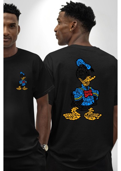 Donald Duck Efsane Kaligram Kadın Erkek Ön Minimal Sırt Baskılı Siyah Pamuklu Tişört
