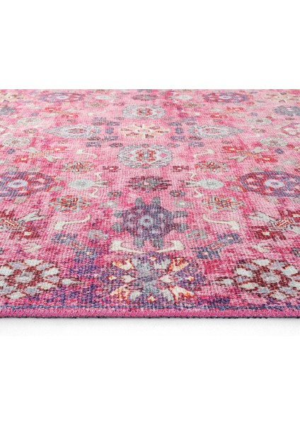 Private Fuşya Eskitme Vintage Halı Çiçek Desen Otantik Şönil Halı Yıkanabilir Salon Halısı