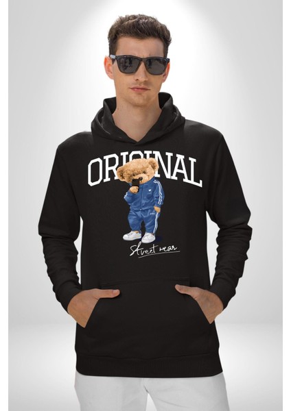 Orijinal Sokak Tarzı Oyuncak Ayı Kadın Erkek Baskılı Üç Iplik Siyah Kapüşonlu Hodie Sweatshirt fiyatları
