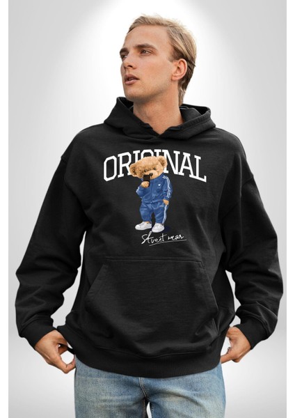 Orijinal Sokak Tarzı Oyuncak Ayı Kadın Erkek Baskılı Üç Iplik Siyah Kapüşonlu Hodie Sweatshirt indirimleri