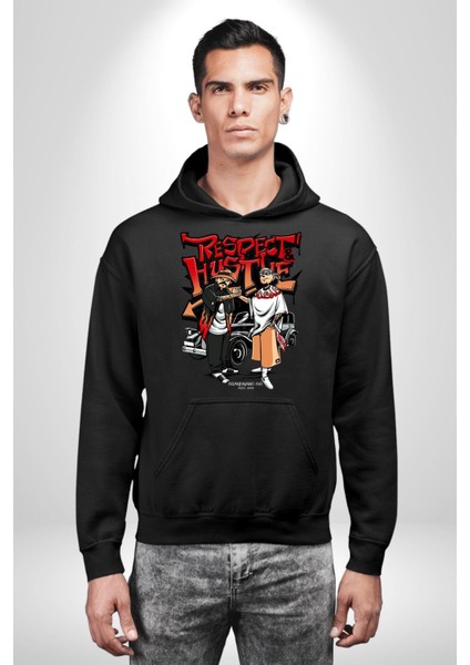 Saygı ve Birliktelik Sokak Kadın Erkek Baskılı Üç Iplik Siyah Kapüşonlu Hodie Sweatshirt