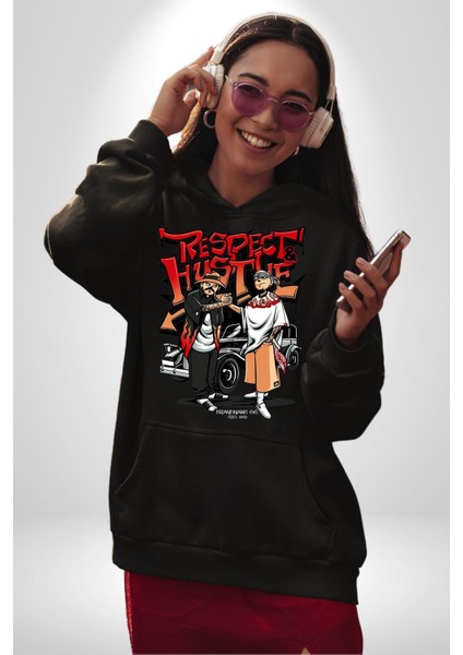 Saygı ve Birliktelik Sokak Kadın Erkek Baskılı Üç Iplik Siyah Kapüşonlu Hodie Sweatshirt modelleri