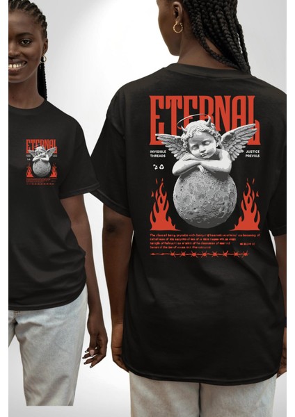 Sonsuz Şeytan Bebek Adalet Öncelikleri Kadın Erkek Ön Minimal Sırt Baskılı Siyah Pamuklu Tişört fırsatları