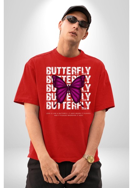 Aşk Kelebek Gibidir Sokak Tarzı Kadın Erkek Ön Baskılı Kırmızı Pamuklu Tişört Penye Klasik