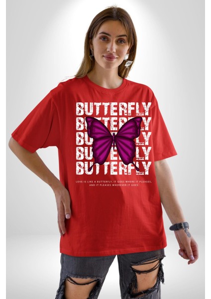 Aşk Kelebek Gibidir Sokak Tarzı Kadın Erkek Ön Baskılı Kırmızı Pamuklu Tişört Penye Klasik modelleri