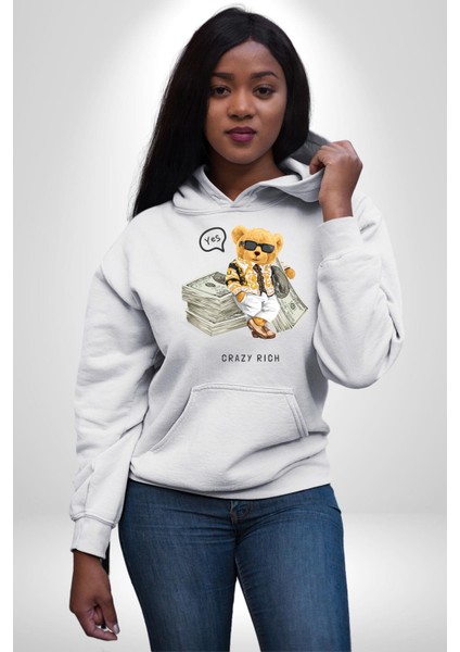 Para Babası Tatlı Oyuncak Ayı Kadın Erkek Baskılı Üç Iplik Beyaz Kapüşonlu Hodie Sweatshirt