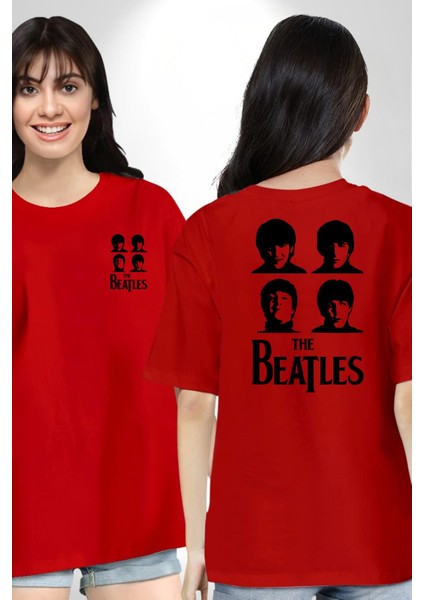 The Beatles Efsane Müzik Grubu Kadın Erkek Ön Minimal Sırt Baskılı Kırmızı Pamuklu Tişört