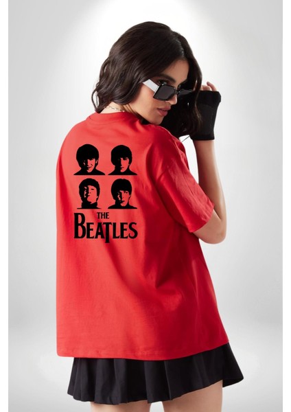 The Beatles Efsane Müzik Grubu Kadın Erkek Ön Minimal Sırt Baskılı Kırmızı Pamuklu Tişört fiyatları