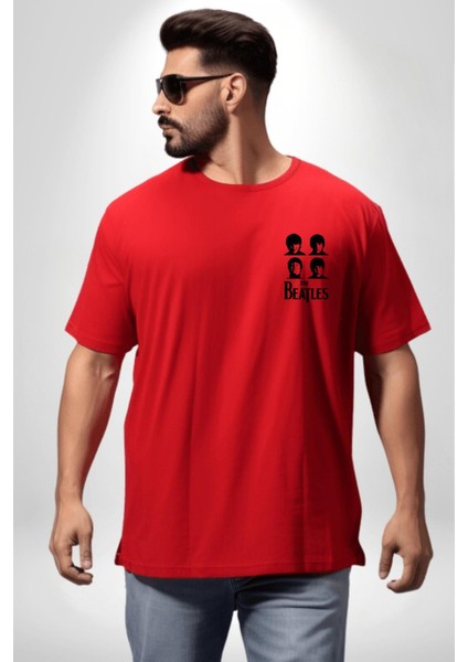 The Beatles Efsane Müzik Grubu Kadın Erkek Ön Minimal Sırt Baskılı Kırmızı Pamuklu Tişört modelleri