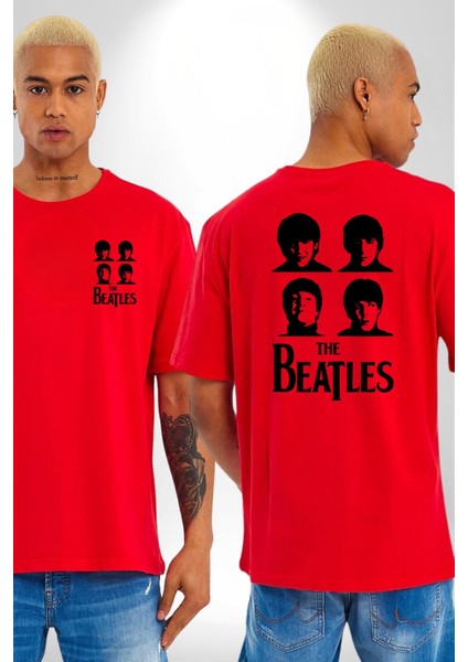 The Beatles Efsane Müzik Grubu Kadın Erkek Ön Minimal Sırt Baskılı Kırmızı Pamuklu Tişört fırsatları