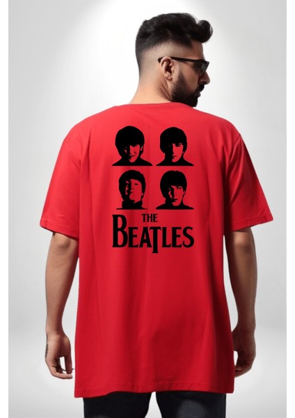 The Beatles Efsane Müzik Grubu Kadın Erkek Ön Minimal Sırt Baskılı Kırmızı Pamuklu Tişört indirimleri
