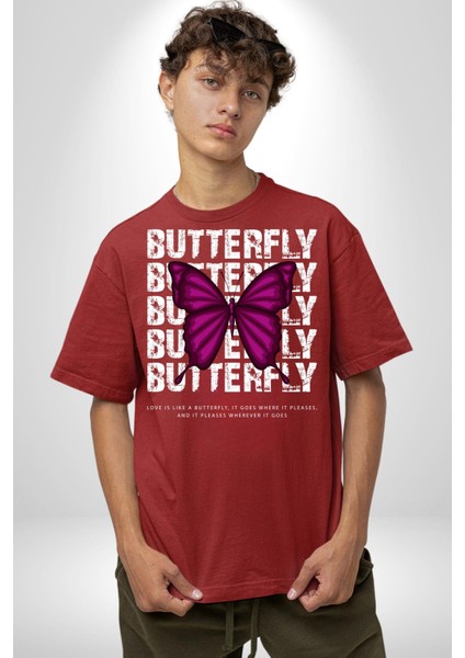 Aşk Kelebek Gibidir Sokak Tarzı Kadın Erkek Ön Baskılı Kırmızı Pamuklu Tişört Penye Klasik fırsatları