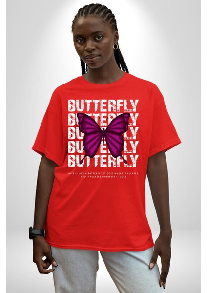 Aşk Kelebek Gibidir Sokak Tarzı Kadın Erkek Ön Baskılı Kırmızı Pamuklu Tişört Penye Klasik indirimleri