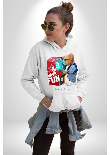 Oyun Oynayan Tatlı Oyuncak Ayı Kadın Erkek Baskılı Üç Iplik Beyaz Kapüşonlu Hodie Sweatshirt modelleri