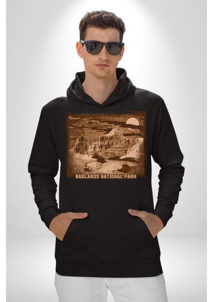 Badlands Ulusak Park Amerika Kadın Erkek Baskılı Üç Iplik Siyah Kapüşonlu Hodie Sweatshirt