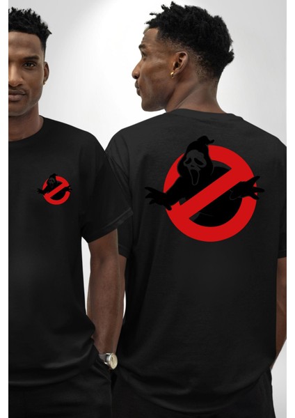 Hayalet Avcıları Korku Karakteri Çığlık Kadın Erkek Ön Minimal Sırt Baskılı Siyah Pamuklu Tişört