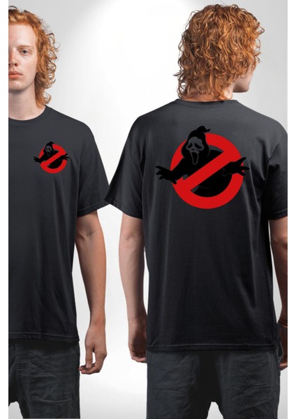 Hayalet Avcıları Korku Karakteri Çığlık Kadın Erkek Ön Minimal Sırt Baskılı Siyah Pamuklu Tişört fırsatları