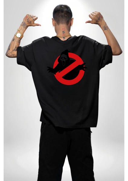 Hayalet Avcıları Korku Karakteri Çığlık Kadın Erkek Ön Minimal Sırt Baskılı Siyah Pamuklu Tişört indirimleri