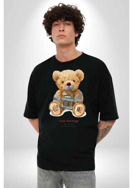 Tatlı Rehine Oyuncak Ayı Kadın Erkek Ön Baskılı Siyah Pamuklu Tişört Penye Klasik