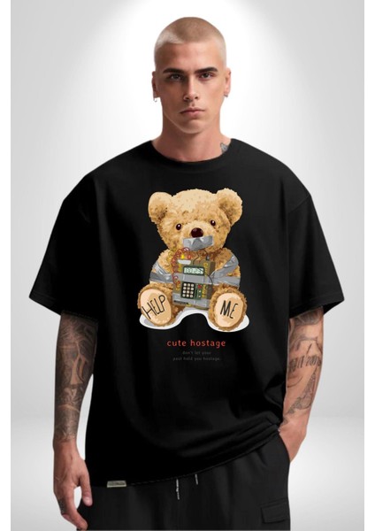 Tatlı Rehine Oyuncak Ayı Kadın Erkek Ön Baskılı Siyah Pamuklu Tişört Penye Klasik fiyatları