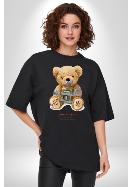 Tatlı Rehine Oyuncak Ayı Kadın Erkek Ön Baskılı Siyah Pamuklu Tişört Penye Klasik modelleri