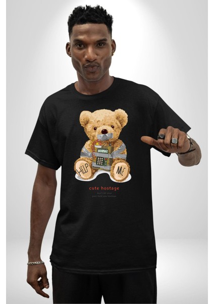 Tatlı Rehine Oyuncak Ayı Kadın Erkek Ön Baskılı Siyah Pamuklu Tişört Penye Klasik fırsatları