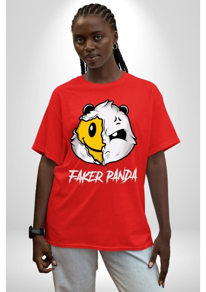 Sahtekar Panda Gülen Tatlı Panda Kadın Erkek Ön Baskılı Kırmızı Pamuklu Tişört Penye Klasik