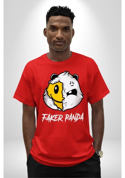 Sahtekar Panda Gülen Tatlı Panda Kadın Erkek Ön Baskılı Kırmızı Pamuklu Tişört Penye Klasik fiyatları