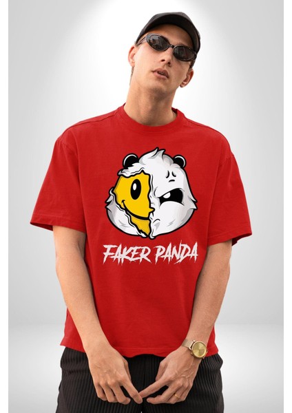 Sahtekar Panda Gülen Tatlı Panda Kadın Erkek Ön Baskılı Kırmızı Pamuklu Tişört Penye Klasik fırsatları