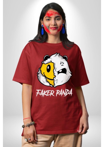 Sahtekar Panda Gülen Tatlı Panda Kadın Erkek Ön Baskılı Kırmızı Pamuklu Tişört Penye Klasik indirimleri