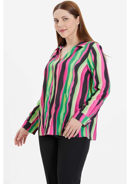 Büyük Beden Gömlek Yakalı Çizgili Bluz