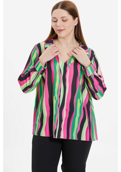 Büyük Beden Gömlek Yakalı Çizgili Bluz fiyatları