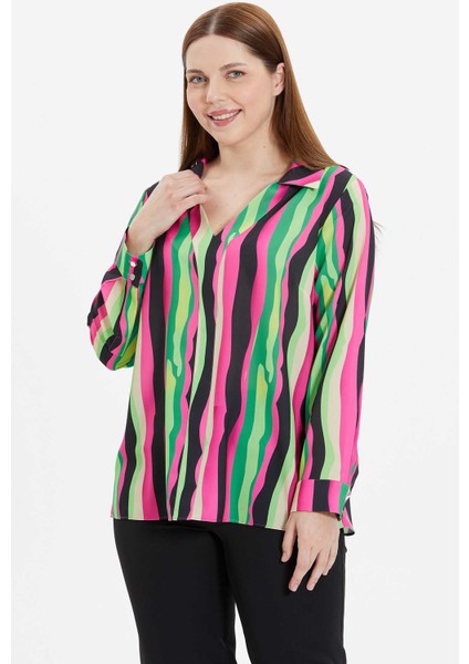 Büyük Beden Gömlek Yakalı Çizgili Bluz fırsatları